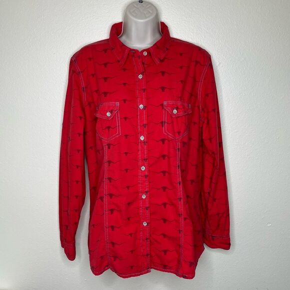 Barn Fly Red Steer Bull Print Long Sleeve Roll Tab Button Front Shirt Women XL - Picture 13 of 13